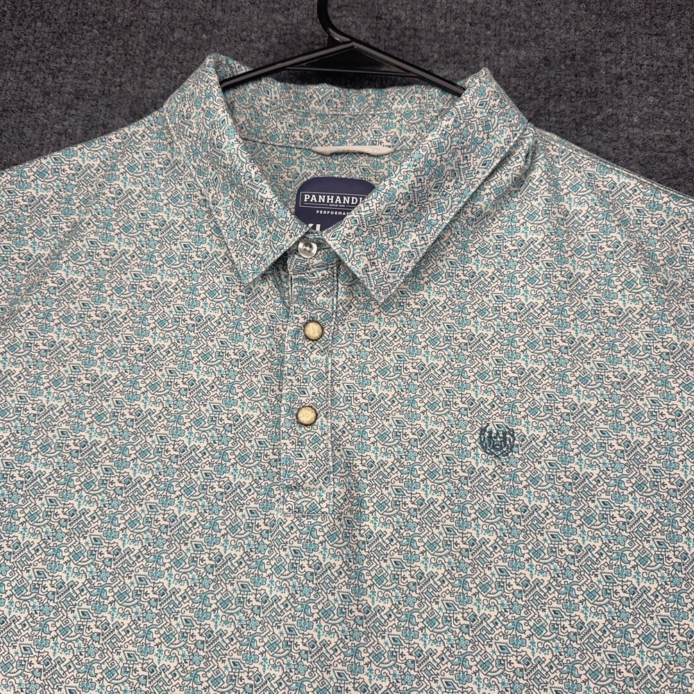 Panhandle Pearl Snap Polo Golf XL Turquoise Southwestern Tile Aztec Print Shirt - Picture 2 of 9